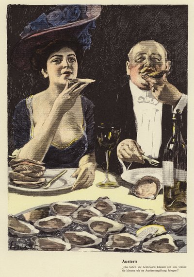 Comer ostras em um restaurante (lito colorido) de Ernst (after) Heilemann