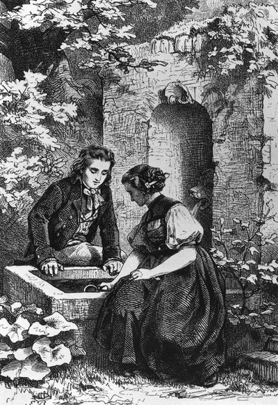 Hermann e Dorothy na fonte, ilustração para Hermann e Dorothea, idílio de Johann Wolfgang von Goethe (1749-1832), gravura após desenho de Ernst Bosch (1834-1917) de Ernst Bosch