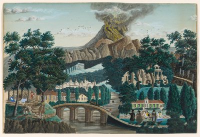 Paisagem com vulcão em erupção, ponte e festa de casamento de Ernst Damitz