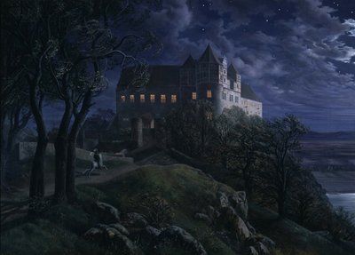 Castelo Scharfenberg à noite, 1827 de Ernst Ferdinand Oehme