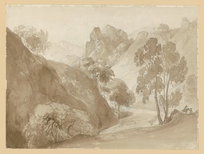 Vale fluvial e paisagem montanhosa, com figuras no caminho de Ernst Fries