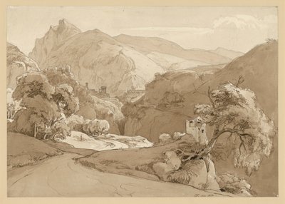 Paisagem montanhosa italiana; em segundo plano, as ruínas de um templo circular de Ernst Fries