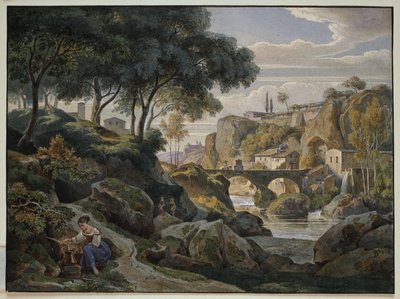 Paisagem montanhosa italiana com ponte de pedra de Ernst Fries
