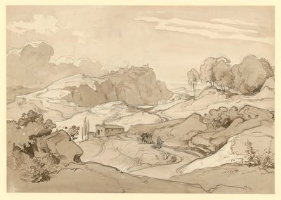 Paisagem italiana com colinas rochosas e árvores, uma cabana e figuras de staffage junto ao caminho de Ernst Fries