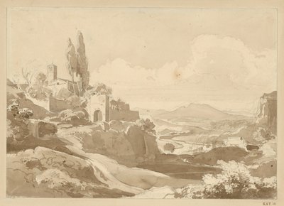 Paisagem nos Montes Albanos, com um portão e uma igreja na elevação à esquerda de Ernst Fries