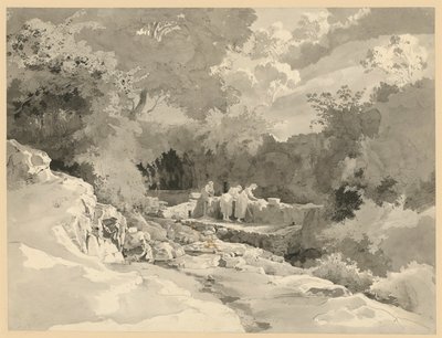 Paisagem com mulheres na fonte de lavagem de Ernst Fries