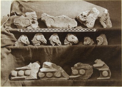 Escavação de Samarra (Iraque): Fragmentos de um friso com figuras de camelo, do Palácio do Califa (Dar al-Khilafa, Jawsaq al-Khaqani, Bayt al-Khalifah), Pequeno Serdab, c.1911-13 (b - w foto) de Ernst Herzfeld