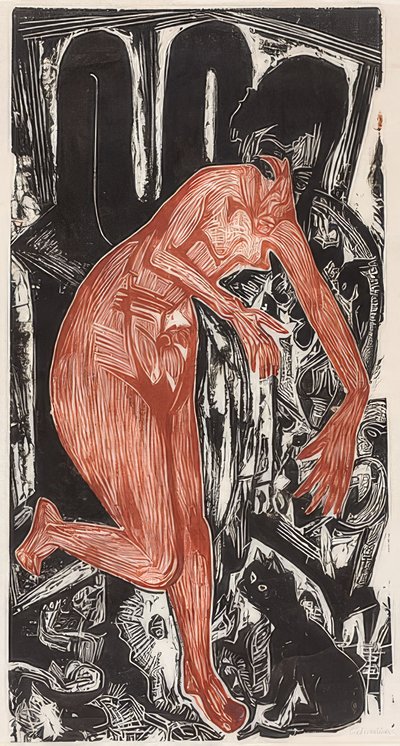 Mulher tomando banho no forno. 1919 de Ernst Ludwig Kirchner