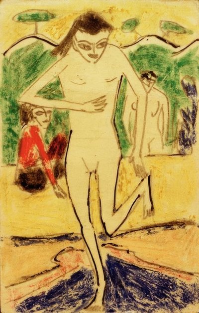 Fränzi na frente da tapeçaria de Ernst Ludwig Kirchner