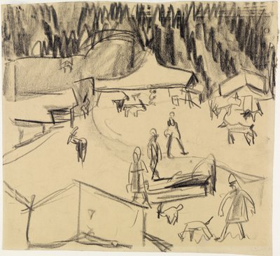 Aldeia de montanha (Staffelalp) com pastores e cabras de Ernst Ludwig Kirchner