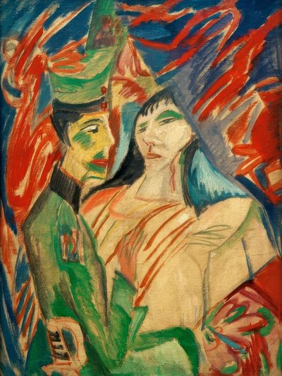 Soldado e garota entre cortinas coloridas de Ernst Ludwig Kirchner