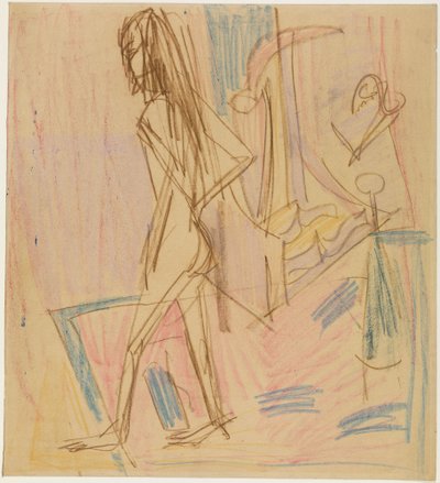 Nu feminino em pé sobre um tapete de Ernst Ludwig Kirchner