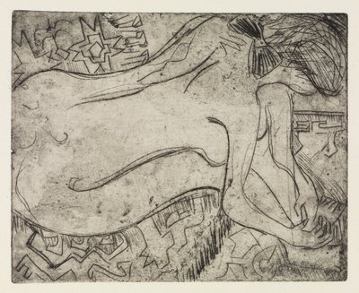 Wannsee perto de Potsdam com barco a motor/Mulher nua a fazer pedicure de Ernst Ludwig Kirchner