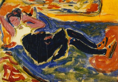 Mulher com meias pretas; Mulher com meias pretas (Die Schwarze Grete), c.1908-09 (óleo sobre papel colocado sobre tela) de Ernst Ludwig Kirchner