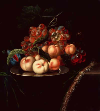 Pêssegos em uma placa de estanho com uvas e um figo em uma borda drapeada (óleo) de Ernst Stuven