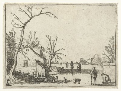 Casa de campo por rio congelado e patinadores no gelo
Pequenas paisagens (título da série) de Esaias van de Velde