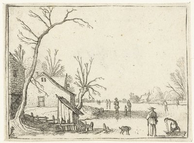 Fazenda pelo rio congelado e patinadores no gelo Pequenas paisagens (título da série) de Esaias van de Velde