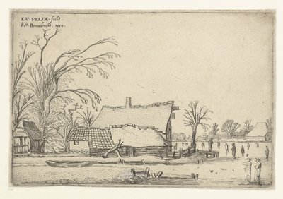 Fazenda pelo rio congelado com skatistas Paisagens de paisagem (título da série) de Esaias van de Velde