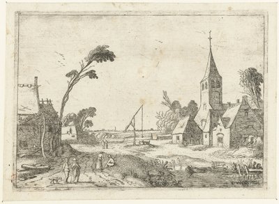 Vista aldeia com quintas, igreja e poço Paisagens de paisagem (título da série) de Esaias van de Velde
