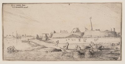 Pescadores em barcos a remos diante de uma cidade murada, de Paisagens de Esaias van de Velde