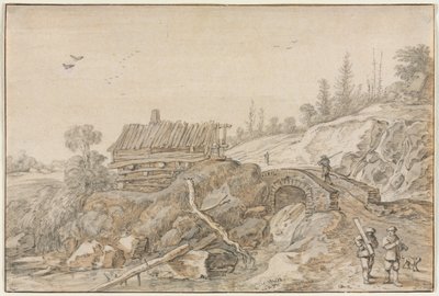 Paisagem montanhosa com cabana ao lado de um riacho de Esaias van de Velde