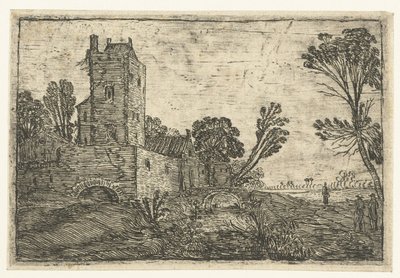 Torre quadrada alta atrás de uma parede localizada em um canal de Esaias van de Velde