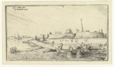 Barcos a remo com pescadores em frente a uma fortaleza no Scheldt Paisagens (título da série) de Esaias van de Velde