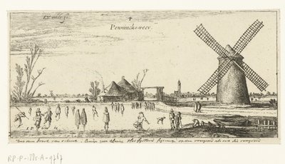 Patinadores no gelo em um moinho perto de Penningsveer Paisagens (título da série) de Esaias van de Velde