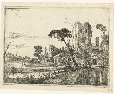 Dois monges em um caminho após uma torre em ruínas Paisagens de paisagem (título da série) de Esaias van de Velde