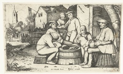 Seis camponeses sentados à volta de um barril numa estalagem de Esaias van de Velde