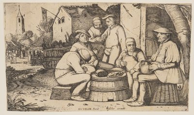 Seis camponeses que utilizam um barril como mesa de Esaias van den Velde I