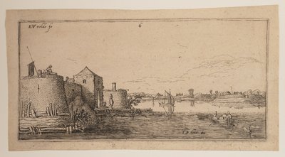 Cidade murada, à esquerda de um rio, de Paisagens de Esaias van den Velde I