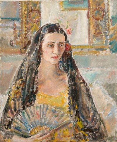 Senhora com um leque, ex. 1926 (óleo sobre tela) de Ethel Walker