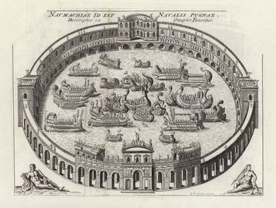 Batalha naval dentro de uma arena romana (gravura) de Etienne (after) Duperac