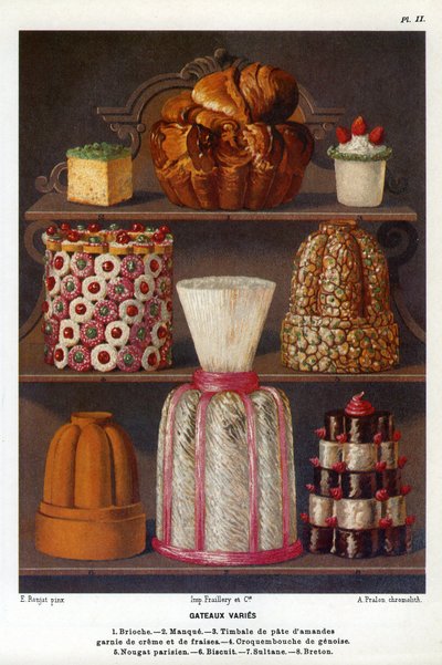 Os bolos variam: brioche, falta, timpani de pasta de amêndoa coberto com creme e morangos, croquenbouche de genoise, nougat parisiense, biscoito, sultaneamente, Breton - Placa nº 2 do Livro de Pastelaria de Jules Gouffe, oficial de bouche du Jockey-Club de de Etienne (after) Ronjat