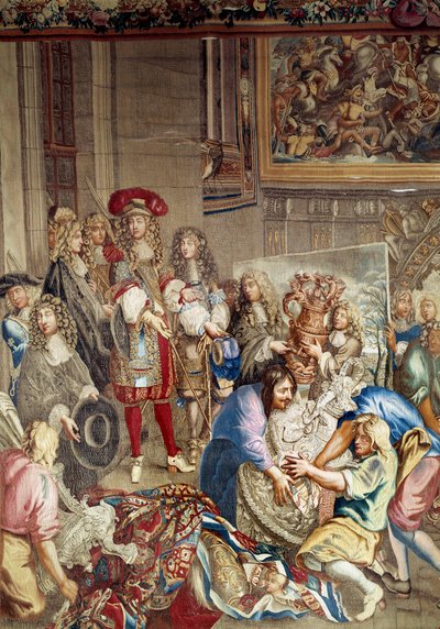 Visita de Luís XIV à Manufacture des Gobelins, na presença de Jean Baptiste (Jean-Baptiste) Colbert (1619-1683) (em perfil, à direita do rei) e do pintor Charles Lebrun (Le Brun) (1619-1690), 15 de Outubro de Etienne (studio of) Le Blond
