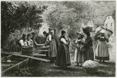 Uma lavandaria em Metzeral, mulheres com trajes tradicionais de vallee reúnem-se na fonte da aldeia. Gravura de E.Ronjat, para ilustrar a história "Atravers l