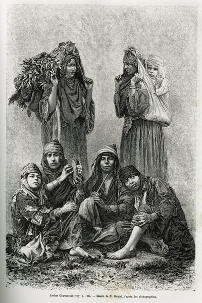 Árabes Ghawarineh, nómadas da bacia do Mar Morto. Gravura de E.Ronjat, para ilustrar a história da Síria hoje, de M.Lortet, reitor da Faculdade de Medicina de Lyon, encarregado de uma missão científica pelo Ministério da Educação Pública, publicada na revi de Etienne Antoine Eugene Ronjat