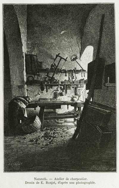 Oficina do Carpinteiro em Nazaré. Gravura de E.Ronjat, para ilustrar a história La Syria d