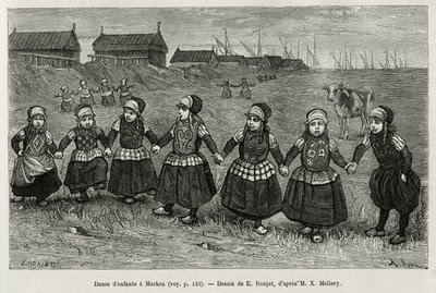 Danças infantis em Marken (Holanda), gravadas após um desenho de E.Ronjat, para ilustrar a história do Neerlande, de Charles de Coster, em 1878, publicado no tour du monde, sob a direção de Edouard Charton de Etienne Antoine Eugene Ronjat
