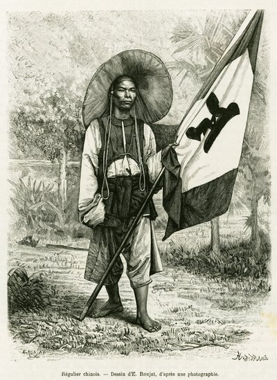 O domínio chinês. Gravação de E.Ronjat, após uma fotografia, para ilustrar a história Trente mois au Tonkin em 1884, do Doutor Hocquard, em le tour du monde 1889, dirigido por Edouard Charton (1807-1890), Hachette, Paris. de Etienne Antoine Eugene Ronjat
