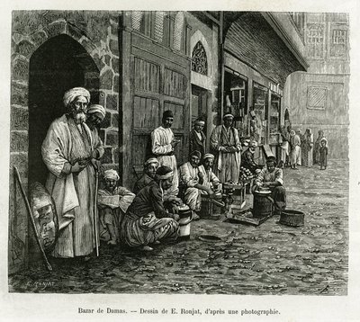 O bazar de Damasco. Gravura de E.Ronjat, para ilustrar a história La Syria d
