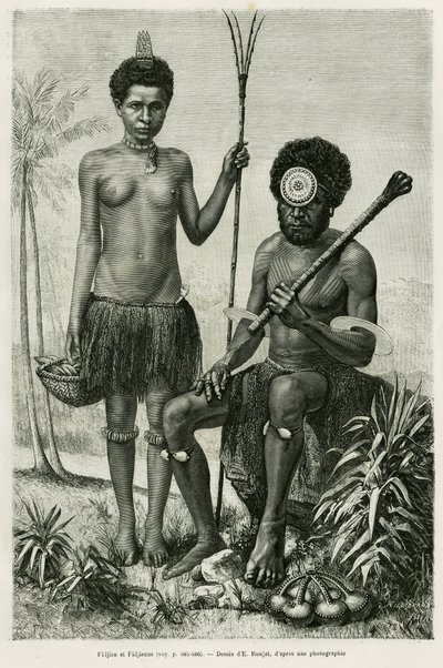 Um casal de Fiji. Gravura de E.Ronjat para ilustrar a história Promenades en Oceanie, de Aylic Marin, em le tour du monde 1887, dirigido por Edouard Charton (1807-1890), Hachette, Paris. de Etienne Antoine Eugene Ronjat