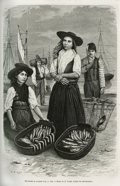 Pescadores, usando o traje tradicional de mulher: saia curta e plissada, corpete com botões prateados, coberto com um chapéu largo de feltro preto. Gravura de E.Ronjat, para ilustrar a história de uma semana em Lisboa, de Jules Leclercq, publicada no Tour  de Etienne Antoine Eugene Ronjat