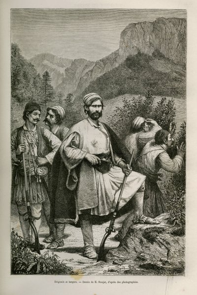 Brigadeiros e pastores gregos, cúmplices nas montanhas, desenhados por E.Ronjat, para ilustrar a história de Henri Belle: Viagem à Grécia de Etienne Antoine Eugene Ronjat