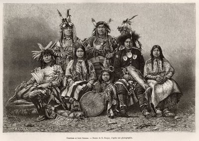 Guerreiros indianos e suas esposas (Texas). Gravura após o desenho de E.Ronjat, para ilustrar a história La conquete blanche, de William Hepworth Dixon, em 1875, publicada em "Le tour du monde" 1876, editada por Edouard Charton, edição Hachette, Paris. de Etienne Antoine Eugene Ronjat