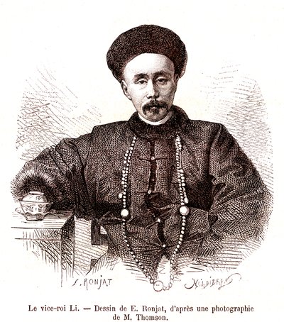 Li Hongzang, vice-rei de Zhili, na corte imperial da China. 1873 (gravura) de Etienne Antoine Eugene Ronjat