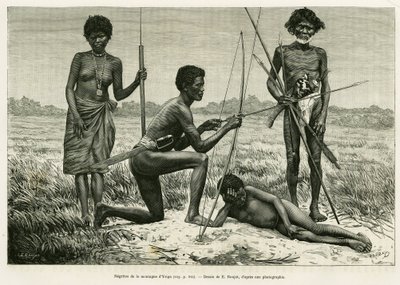 Negritos da Serra de Yriga. Gravura de E.Ronjat para ilustrar a história Lucon e Palaouan, seis anos nas Filipinas, de Alfred Marche (1844-1898), em le tour du monde 1886, dirigido por Edouard Charton (1807-1890), Hachette, Paris. de Etienne Antoine Eugene Ronjat