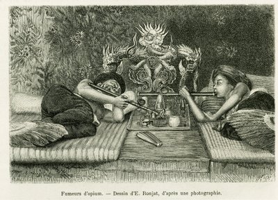 Fumadores de ópio. Gravado por E.Ronjat, após uma fotografia, para ilustrar a história Trente mois au Tonkin em 1884, pelo Doutor Hocquard, em le tour du monde 1889, dirigido por Edouard Charton (1807-1890), Hachette, Paris. de Etienne Antoine Eugene Ronjat
