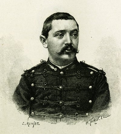 Retrato do Capitão Pietri, da artilharia naval, durante a expedição a África 1879-1882, sob o comando de Gallieni. Gravura de E. Ronjat, a partir de uma fotografia, para ilustrar a história "Exploração do Haut Niger" (Haut Niger) por de Etienne Antoine Eugene Ronjat
